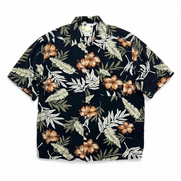 Other - Men’s Vintage Banana Cabana 100% Silk‎ Black Hawaiian Button Up Dress Shirt Size